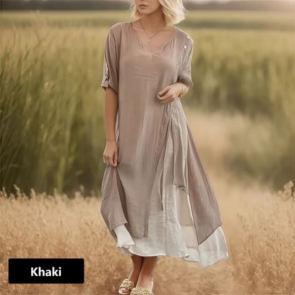 💕Kortermet, Asymmetrisk Kjole i to Deler med Falskt Erme