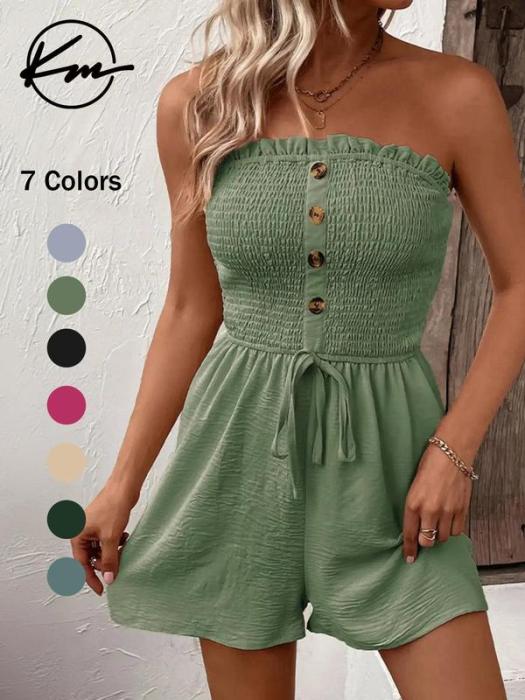 LAST DAY SALE 50% OFF💃Kvinners Fake Button Ruffle Strapless Tie Front Wide Leg Cylinder Jumpsuit